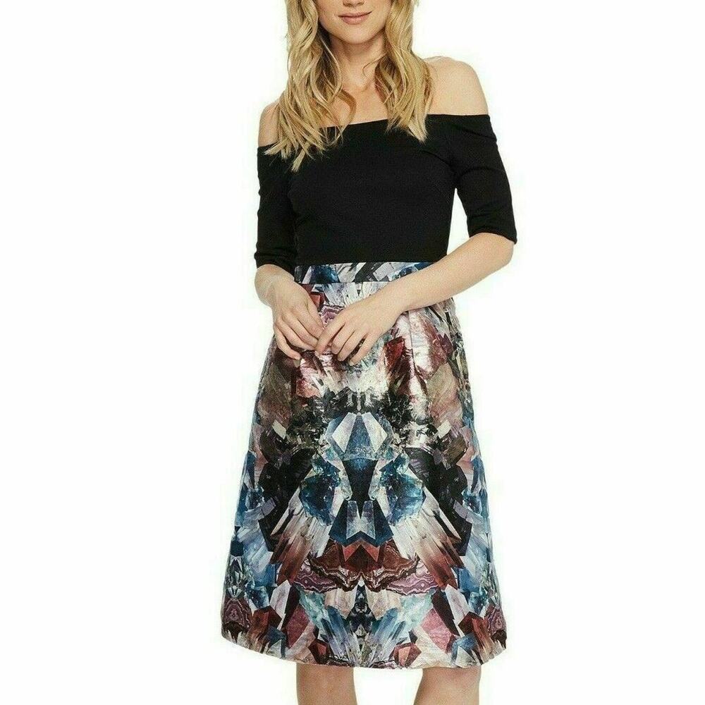 Ted‎ Baker Keris Dress Black Top Metallic Floral Skirt Off Shoulder